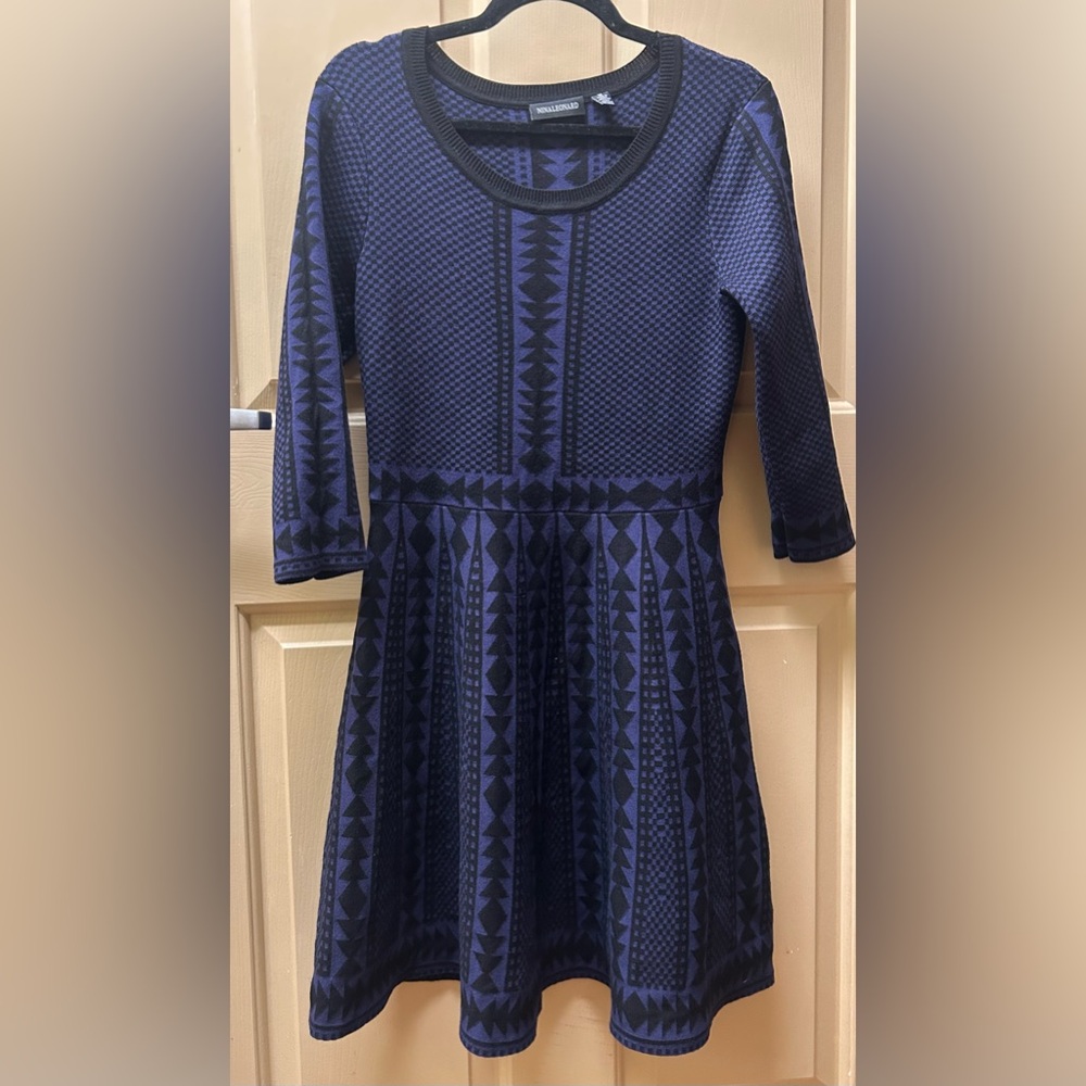 Nina Leonard Black and Navy Geometric Sweater Dress